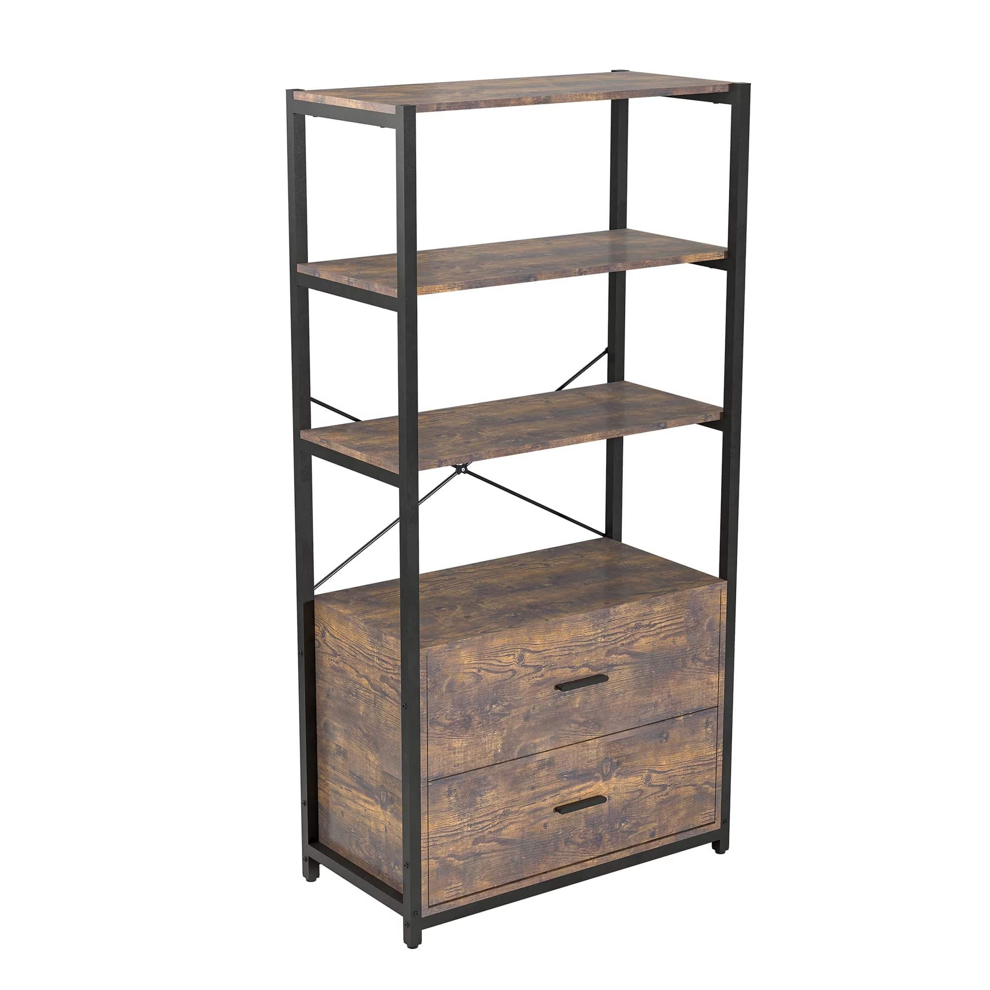 Industrial Bookcase With File Cabinet Drawers, 62.7 In Tall Bookshelf 4 Tier, Freestanding Storage Home Office Cabinet Organizer, Rustic Home Decor, Vintage Brown - Trendy Hati