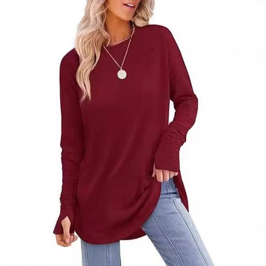 Solid Color Split-finger Long-sleeved Shirt Loose Mid-length - Trendy Hati