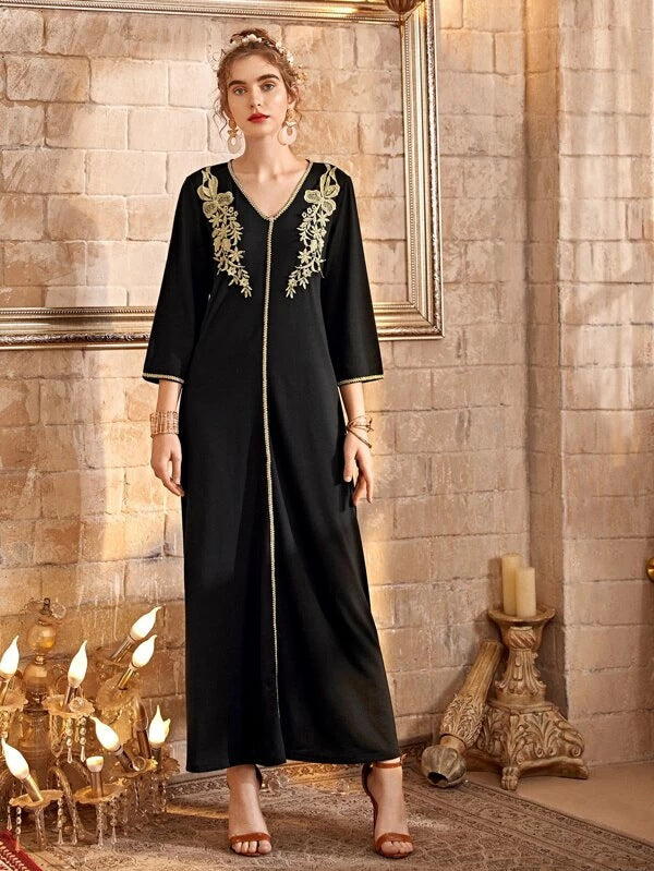 New V-Neck Ramadan Long Skirt Muslim Embroidered Dress Dress