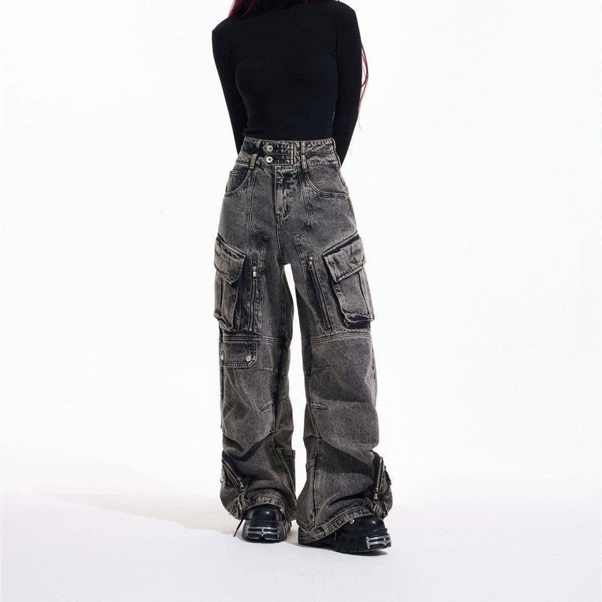 Design Retro Work Style Multi Pocket Jeans - Trendy Hati