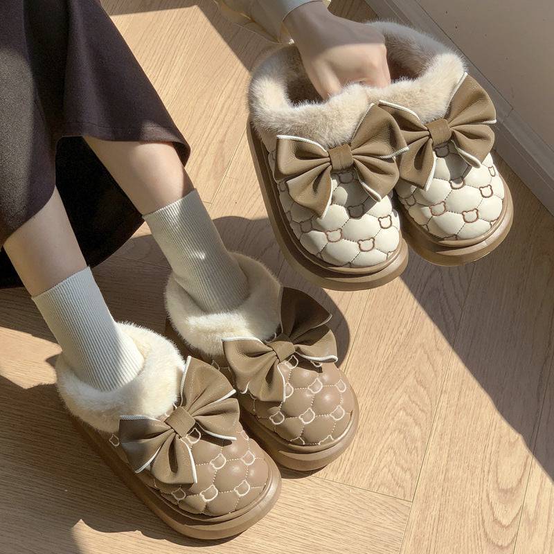 Butterfly knot waterproof cotton shoes, women's bags, and winter indoor home velvet anti slip cotton slippers - Trendy Hati