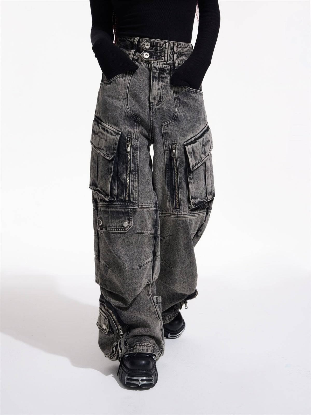 Design Retro Work Style Multi Pocket Jeans - Trendy Hati