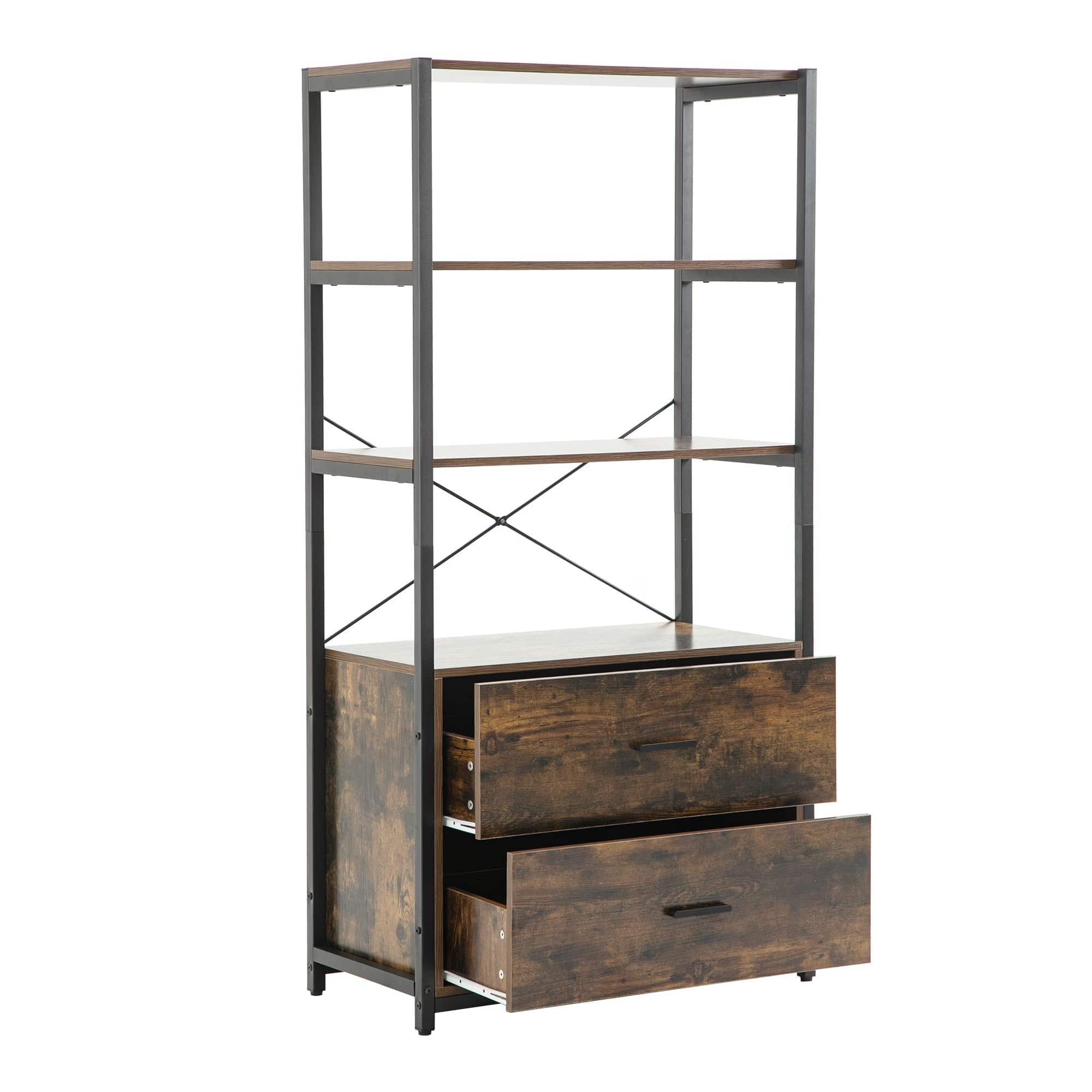 Industrial Bookcase With File Cabinet Drawers, 62.7 In Tall Bookshelf 4 Tier, Freestanding Storage Home Office Cabinet Organizer, Rustic Home Decor, Vintage Brown - Trendy Hati