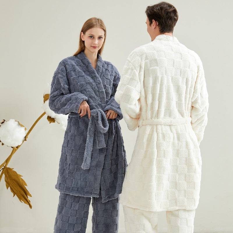 Long couple pajamas in European and American plus size loose coral fleece soft and fluffy home suit set can be worn outside - Trendy Hati