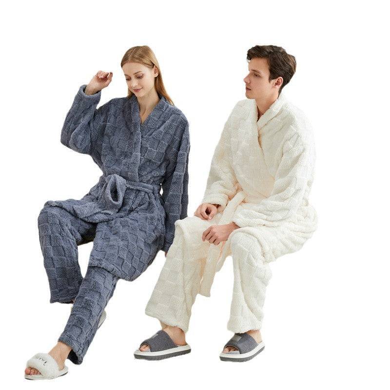 Long couple pajamas in European and American plus size loose coral fleece soft and fluffy home suit set can be worn outside - Trendy Hati