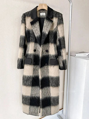 Retro black and white plaid cut double breasted wool coat with cotton clip and belt, autumn new loose wool jacket for women's fashion - Trendy Hati