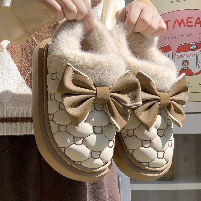 Butterfly knot waterproof cotton shoes, women's bags, and winter indoor home velvet anti slip cotton slippers - Trendy Hati