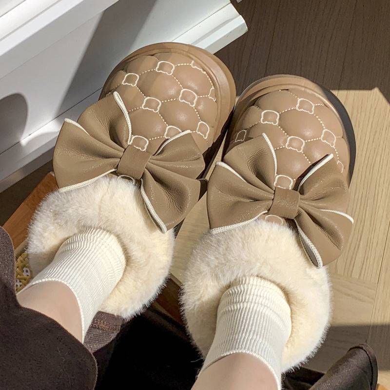 Butterfly knot waterproof cotton shoes, women's bags, and winter indoor home velvet anti slip cotton slippers - Trendy Hati