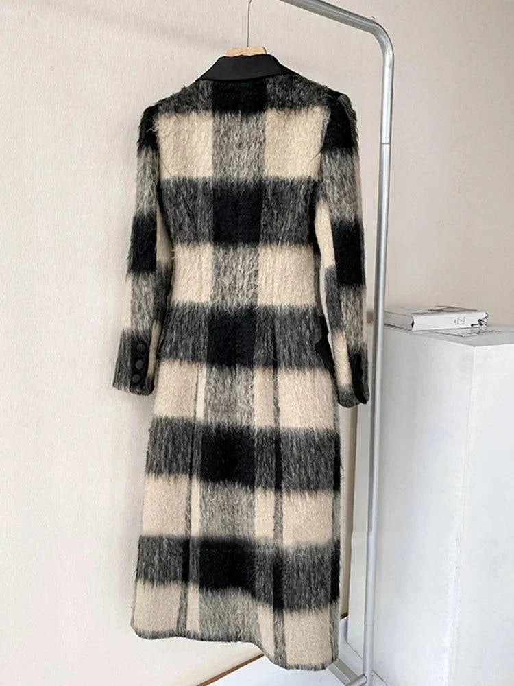 Retro black and white plaid cut double breasted wool coat with cotton clip and belt, autumn new loose wool jacket for women's fashion - Trendy Hati