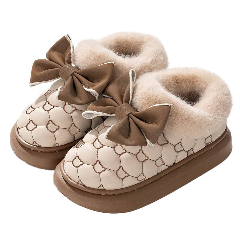 Butterfly knot waterproof cotton shoes, women's bags, and winter indoor home velvet anti slip cotton slippers - Trendy Hati