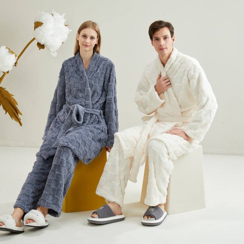 Long couple pajamas in European and American plus size loose coral fleece soft and fluffy home suit set can be worn outside - Trendy Hati