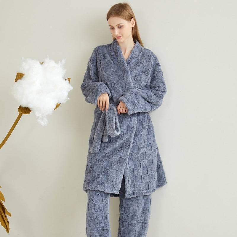 Long couple pajamas in European and American plus size loose coral fleece soft and fluffy home suit set can be worn outside - Trendy Hati