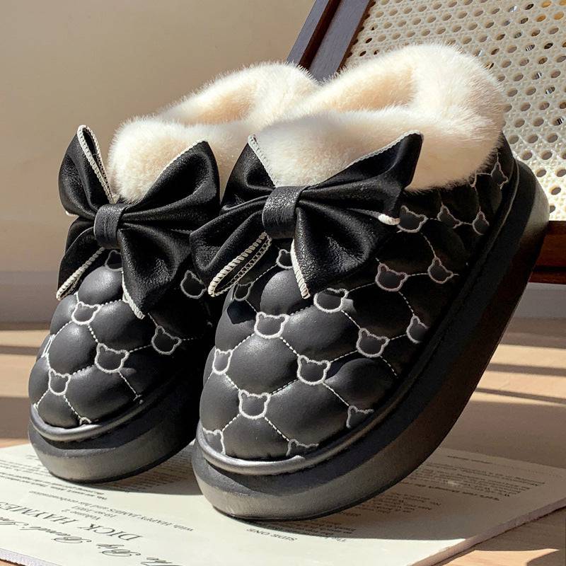 Butterfly knot waterproof cotton shoes, women's bags, and winter indoor home velvet anti slip cotton slippers - Trendy Hati