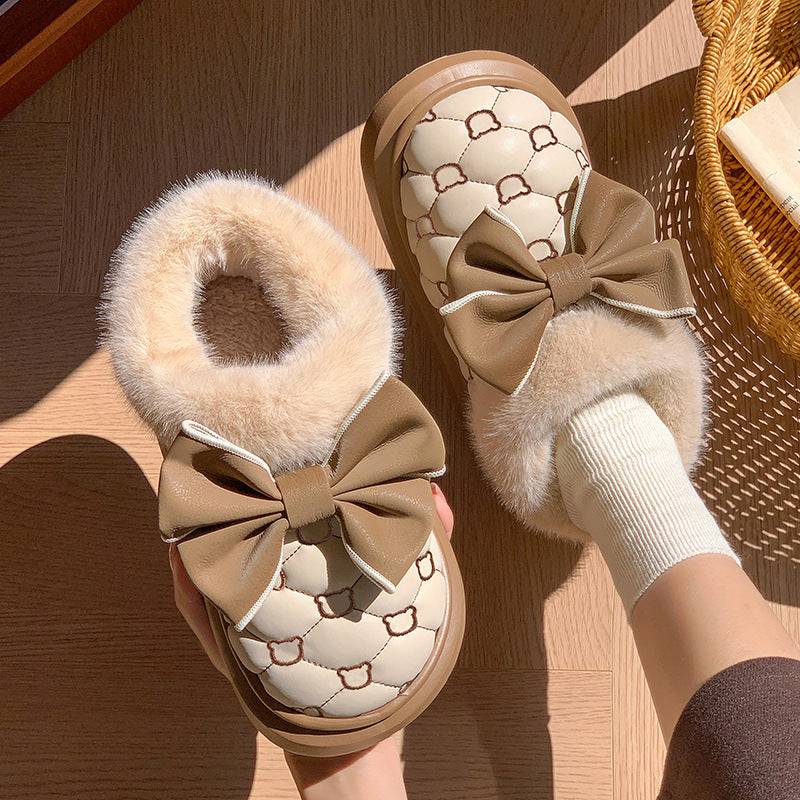 Butterfly knot waterproof cotton shoes, women's bags, and winter indoor home velvet anti slip cotton slippers - Trendy Hati