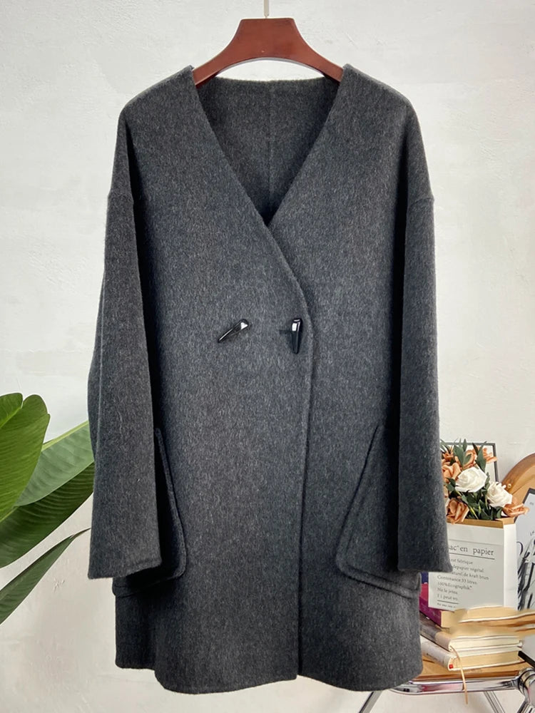 Fashion Woman Cashmere Coat Thick Cardigan Elegant New  Autumn Scarf Collar Double Breasted Solid Color