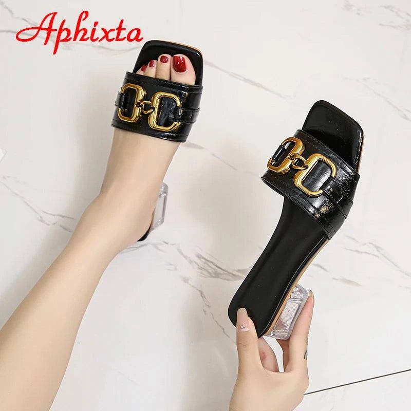 Aphixta 2022 Metal Buckle 3.5cm Transparent Square Heels Slides Women Peep Toe Mules Cool Summer Slippers Sandals Elegant Shoes - Trendy Hati