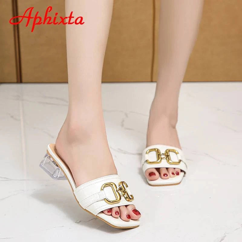 Aphixta 2022 Metal Buckle 3.5cm Transparent Square Heels Slides Women Peep Toe Mules Cool Summer Slippers Sandals Elegant Shoes - Trendy Hati