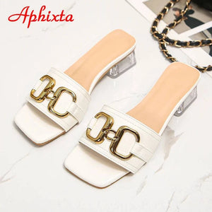 Aphixta 2022 Metal Buckle 3.5cm Transparent Square Heels Slides Women Peep Toe Mules Cool Summer Slippers Sandals Elegant Shoes - Trendy Hati