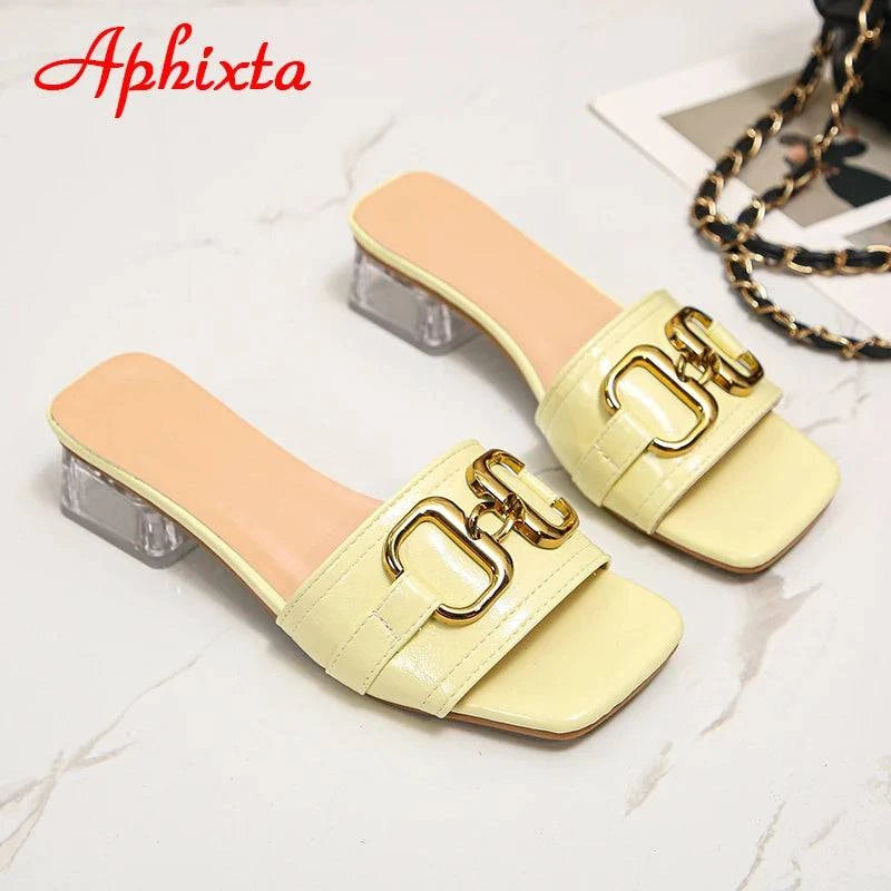 Aphixta 2022 Metal Buckle 3.5cm Transparent Square Heels Slides Women Peep Toe Mules Cool Summer Slippers Sandals Elegant Shoes - Trendy Hati