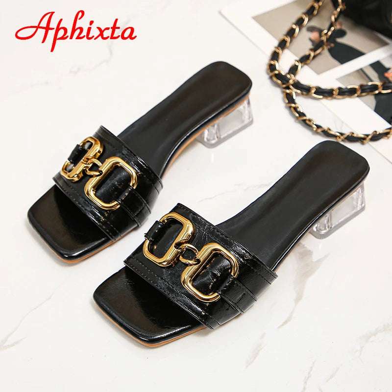 Aphixta 2022 Metal Buckle 3.5cm Transparent Square Heels Slides Women Peep Toe Mules Cool Summer Slippers Sandals Elegant Shoes