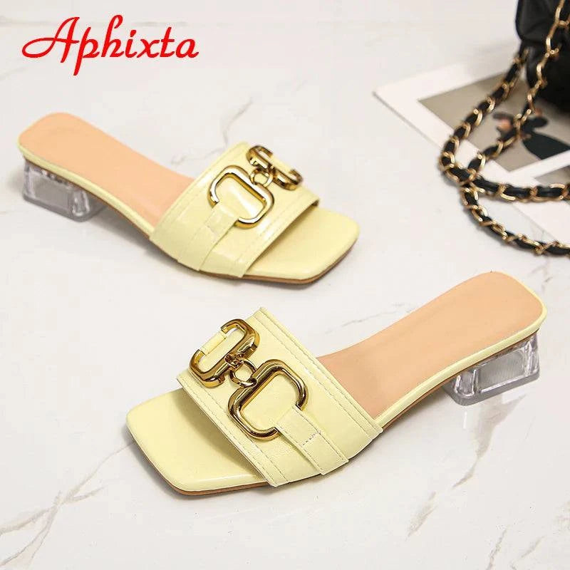 Aphixta 2022 Metal Buckle 3.5cm Transparent Square Heels Slides Women Peep Toe Mules Cool Summer Slippers Sandals Elegant Shoes - Trendy Hati