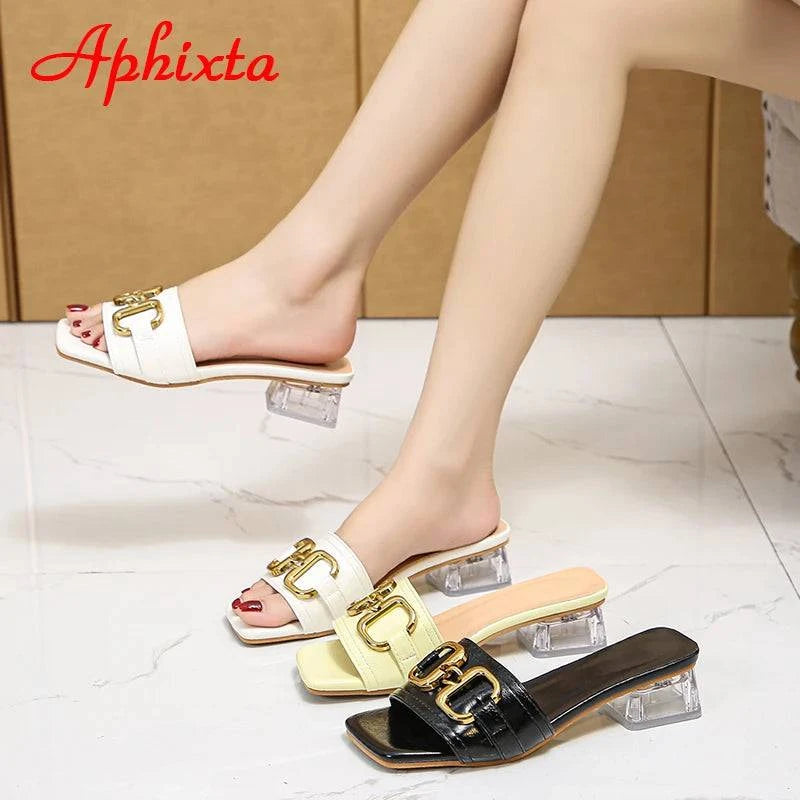 Aphixta 2022 Metal Buckle 3.5cm Transparent Square Heels Slides Women Peep Toe Mules Cool Summer Slippers Sandals Elegant Shoes - Trendy Hati