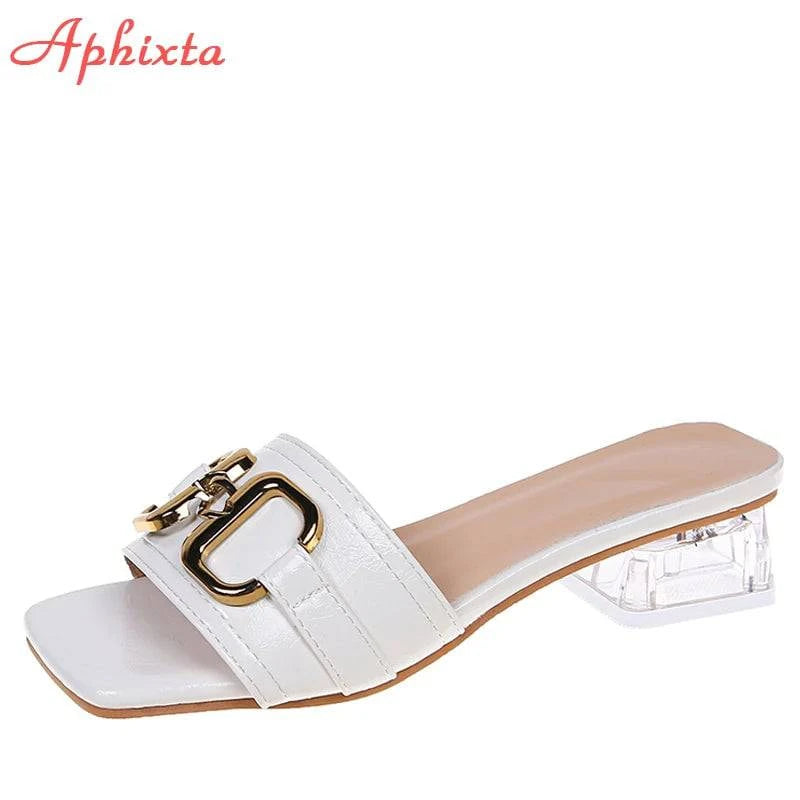 Aphixta 2022 Metal Buckle 3.5cm Transparent Square Heels Slides Women Peep Toe Mules Cool Summer Slippers Sandals Elegant Shoes - Trendy Hati