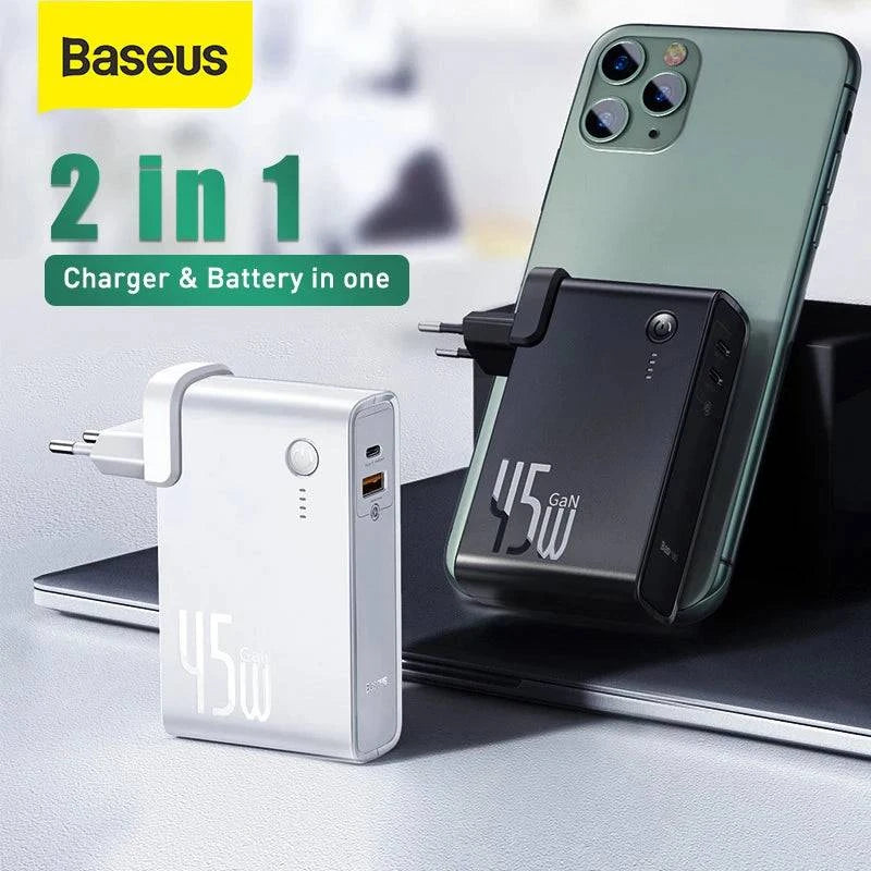 Baseus GaN Power Bank Charger 10000mAh 45W USB C PD Fast Charging 2 in 1 Charger & Battery as One ForiP 11 Pro Laptop ForXiaomi - Trendy Hati