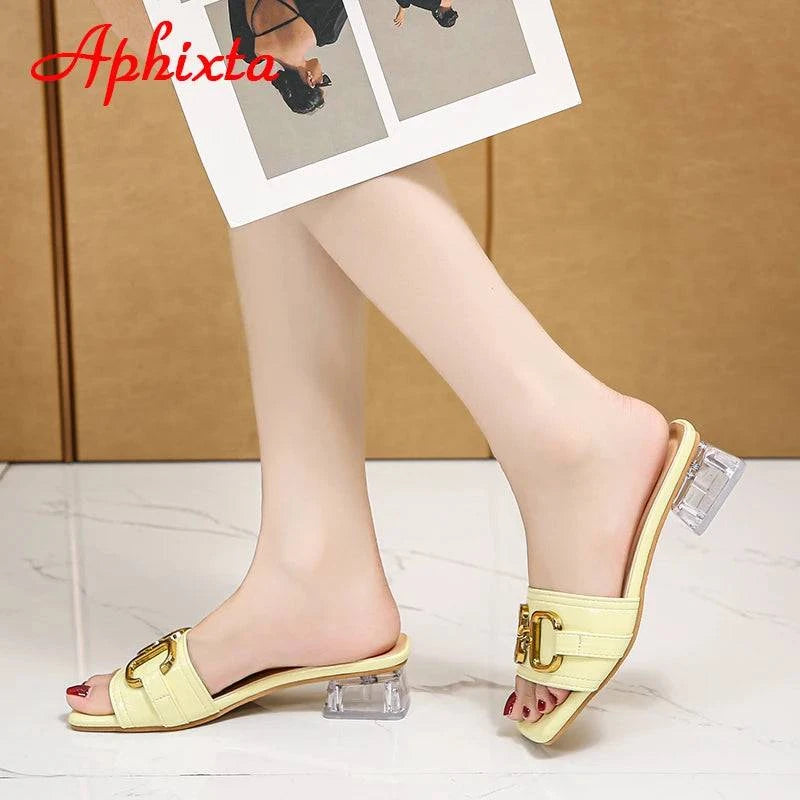 Aphixta 2022 Metal Buckle 3.5cm Transparent Square Heels Slides Women Peep Toe Mules Cool Summer Slippers Sandals Elegant Shoes - Trendy Hati