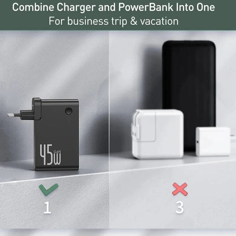 Baseus GaN Power Bank Charger 10000mAh 45W USB C PD Fast Charging 2 in 1 Charger & Battery as One ForiP 11 Pro Laptop ForXiaomi - Trendy Hati