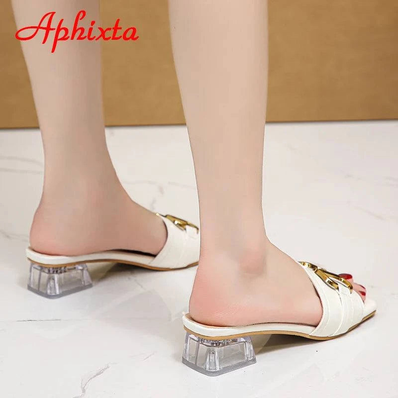 Aphixta 2022 Metal Buckle 3.5cm Transparent Square Heels Slides Women Peep Toe Mules Cool Summer Slippers Sandals Elegant Shoes - Trendy Hati