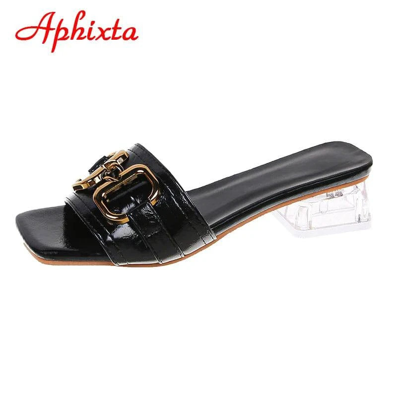 Aphixta 2022 Metal Buckle 3.5cm Transparent Square Heels Slides Women Peep Toe Mules Cool Summer Slippers Sandals Elegant Shoes - Trendy Hati