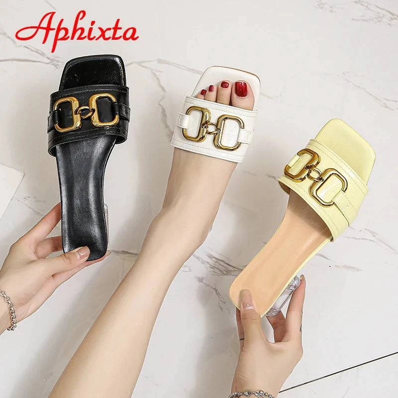 Aphixta 2022 Metal Buckle 3.5cm Transparent Square Heels Slides Women Peep Toe Mules Cool Summer Slippers Sandals Elegant Shoes - Trendy Hati