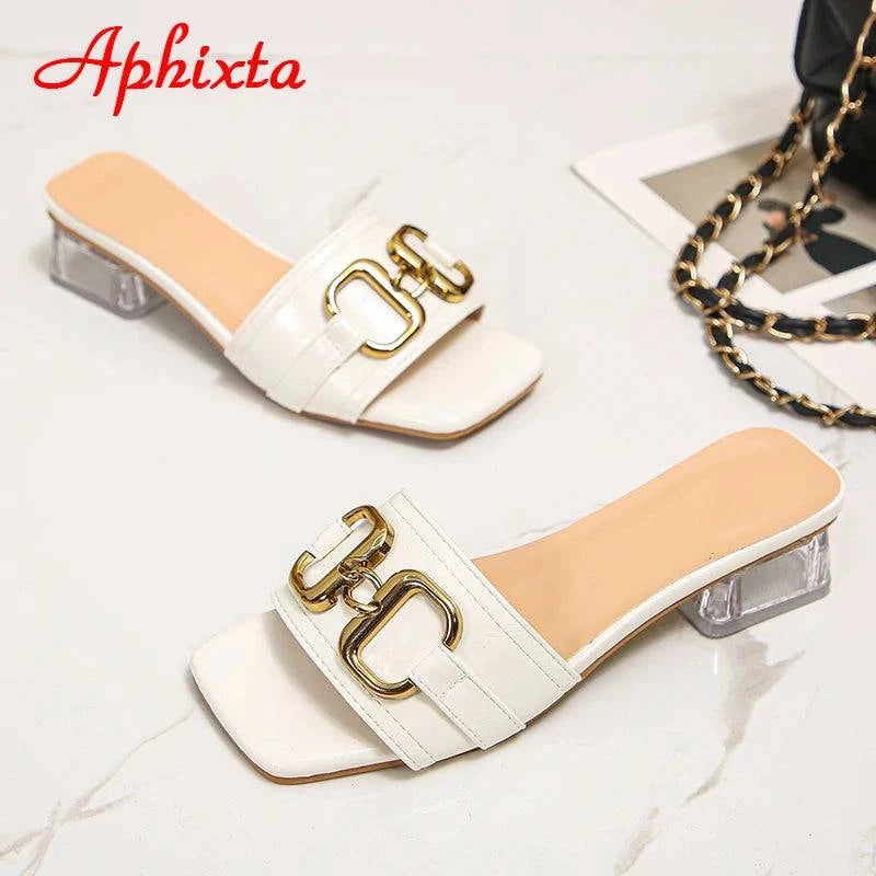 Aphixta 2022 Metal Buckle 3.5cm Transparent Square Heels Slides Women Peep Toe Mules Cool Summer Slippers Sandals Elegant Shoes - Trendy Hati