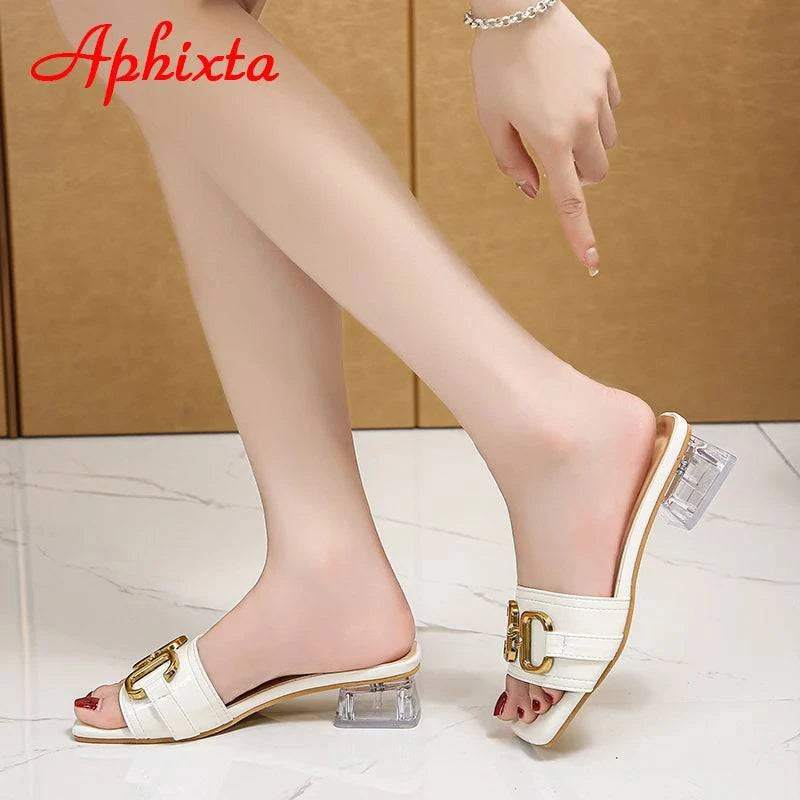 Aphixta 2022 Metal Buckle 3.5cm Transparent Square Heels Slides Women Peep Toe Mules Cool Summer Slippers Sandals Elegant Shoes - Trendy Hati