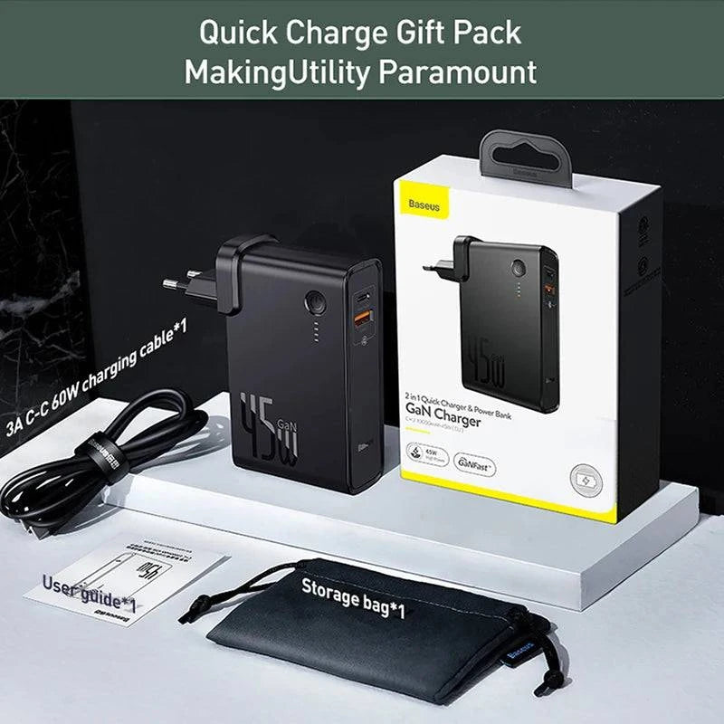 Baseus GaN Power Bank Charger 10000mAh 45W USB C PD Fast Charging 2 in 1 Charger & Battery as One ForiP 11 Pro Laptop ForXiaomi - Trendy Hati