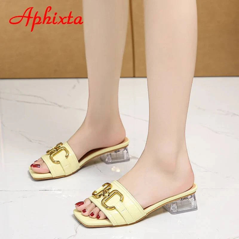 Aphixta 2022 Metal Buckle 3.5cm Transparent Square Heels Slides Women Peep Toe Mules Cool Summer Slippers Sandals Elegant Shoes - Trendy Hati