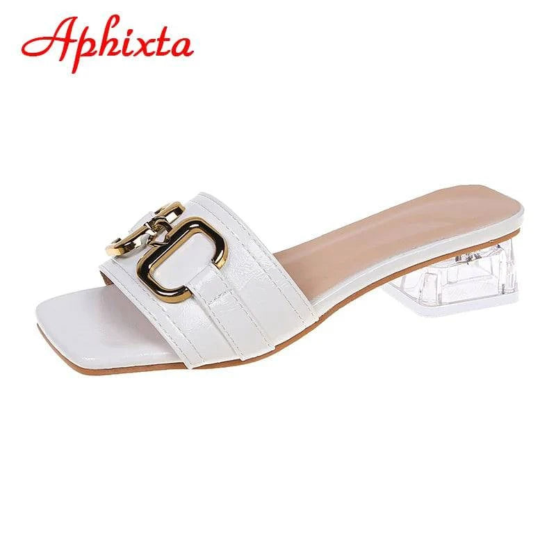 Aphixta 2022 Metal Buckle 3.5cm Transparent Square Heels Slides Women Peep Toe Mules Cool Summer Slippers Sandals Elegant Shoes - Trendy Hati