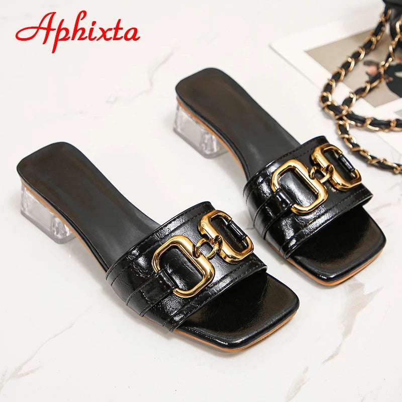 Aphixta 2022 Metal Buckle 3.5cm Transparent Square Heels Slides Women Peep Toe Mules Cool Summer Slippers Sandals Elegant Shoes