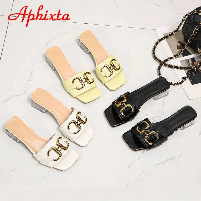 Aphixta 2022 Metal Buckle 3.5cm Transparent Square Heels Slides Women Peep Toe Mules Cool Summer Slippers Sandals Elegant Shoes - Trendy Hati