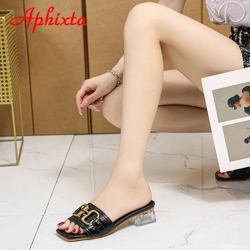 Aphixta 2022 Metal Buckle 3.5cm Transparent Square Heels Slides Women Peep Toe Mules Cool Summer Slippers Sandals Elegant Shoes - Trendy Hati