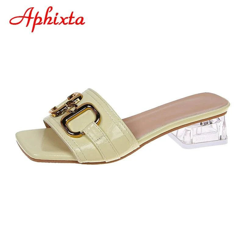 Aphixta 2022 Metal Buckle 3.5cm Transparent Square Heels Slides Women Peep Toe Mules Cool Summer Slippers Sandals Elegant Shoes - Trendy Hati