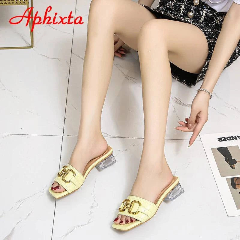 Aphixta 2022 Metal Buckle 3.5cm Transparent Square Heels Slides Women Peep Toe Mules Cool Summer Slippers Sandals Elegant Shoes - Trendy Hati