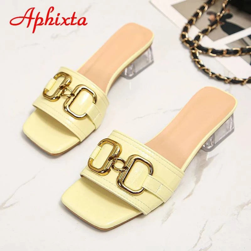 Aphixta 2022 Metal Buckle 3.5cm Transparent Square Heels Slides Women Peep Toe Mules Cool Summer Slippers Sandals Elegant Shoes - Trendy Hati