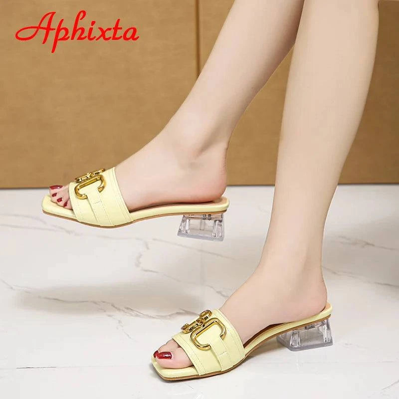 Aphixta 2022 Metal Buckle 3.5cm Transparent Square Heels Slides Women Peep Toe Mules Cool Summer Slippers Sandals Elegant Shoes - Trendy Hati