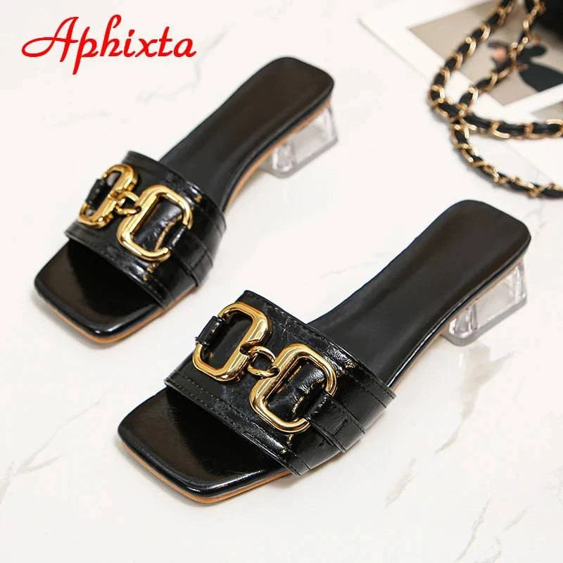 Aphixta 2022 Metal Buckle 3.5cm Transparent Square Heels Slides Women Peep Toe Mules Cool Summer Slippers Sandals Elegant Shoes - Trendy Hati