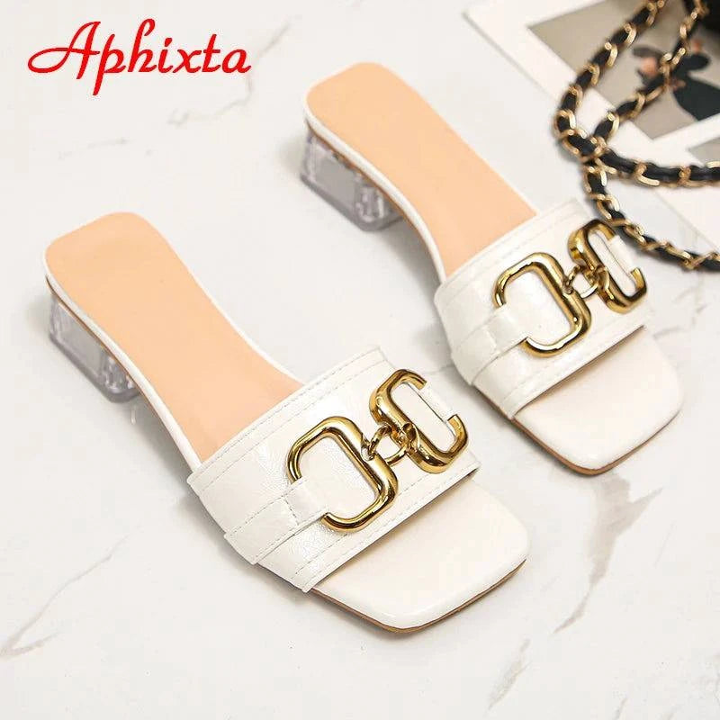 Aphixta 2022 Metal Buckle 3.5cm Transparent Square Heels Slides Women Peep Toe Mules Cool Summer Slippers Sandals Elegant Shoes - Trendy Hati