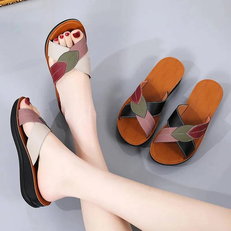 Slippers Women Leather Shoes Wedges Open Toe Casual Anti Slippery Slides Fashion Outside Beach Leaf Shaped Sandals 43 Sizes - Trendy Hati