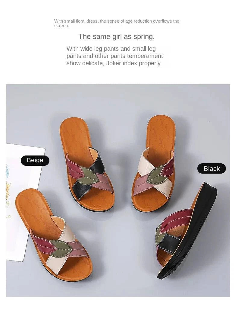 Slippers Women Leather Shoes Wedges Open Toe Casual Anti Slippery Slides Fashion Outside Beach Leaf Shaped Sandals 43 Sizes - Trendy Hati