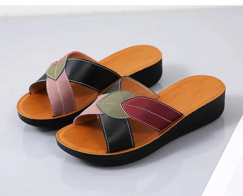 Slippers Women Leather Shoes Wedges Open Toe Casual Anti Slippery Slides Fashion Outside Beach Leaf Shaped Sandals 43 Sizes - Trendy Hati